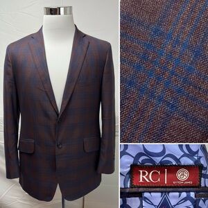Tom James Men's 40R Dark Red Blue Plaid Bespoke Custom Wool Silk Blazer Jacket